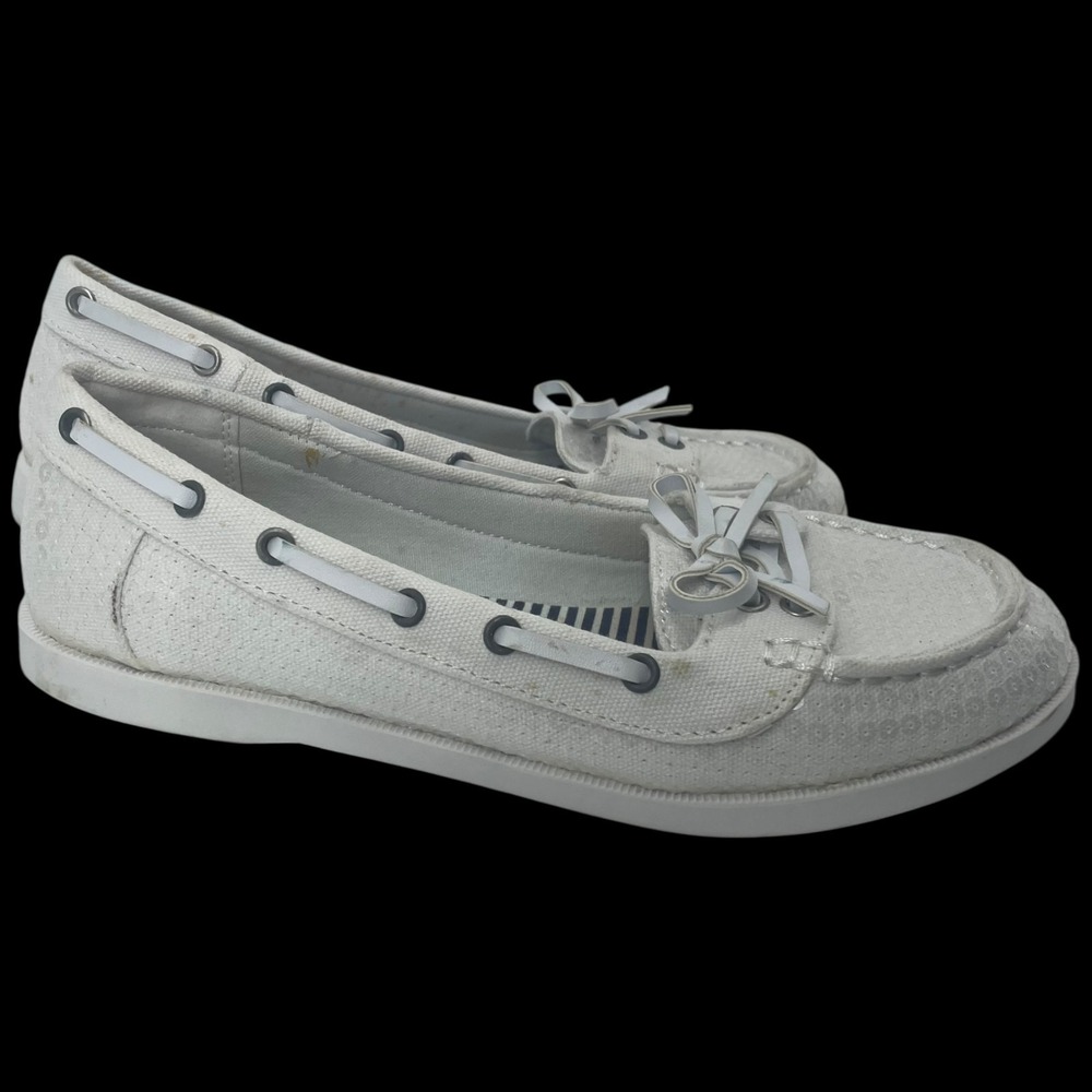 American Eagle Shoes Women 8 Loafer Moccasin White Sequin Slip On Preppy Boat